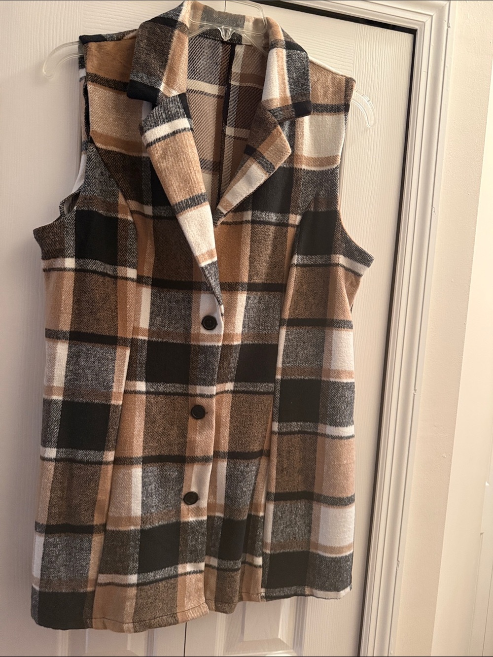 Women’s Plaid Button-Front Vest Dress in Tan & Black, size Large